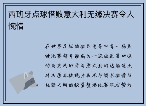 西班牙点球惜败意大利无缘决赛令人惋惜